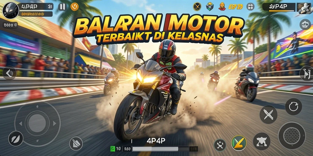 Screenshot gameplay 4P4P yang menampilkan balapan motor yang mendebarkan.