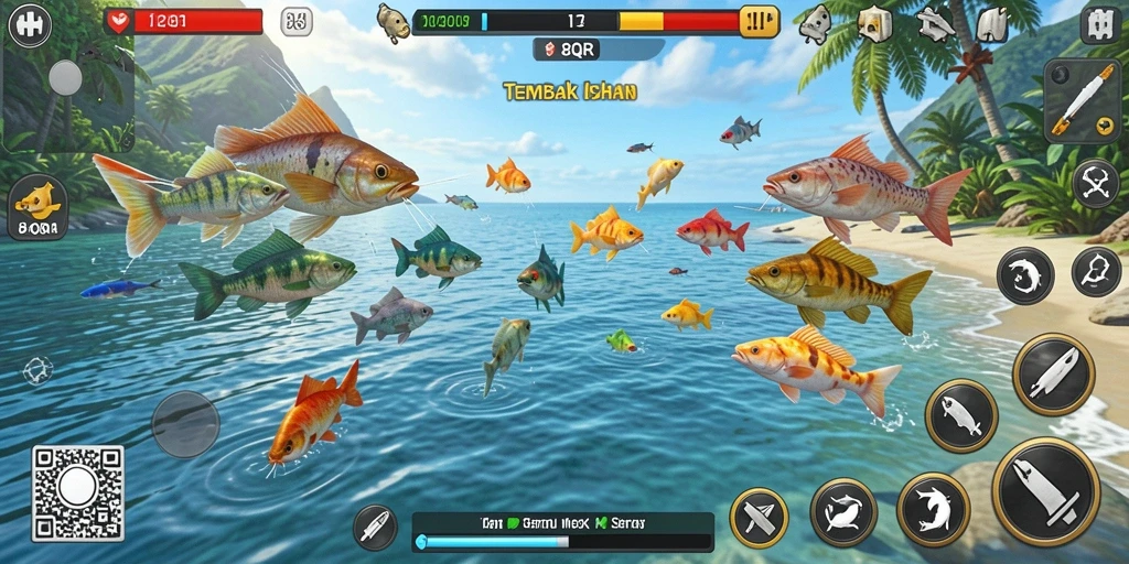 Tampilan gameplay seru dalam 8QR saat berburu ikan.