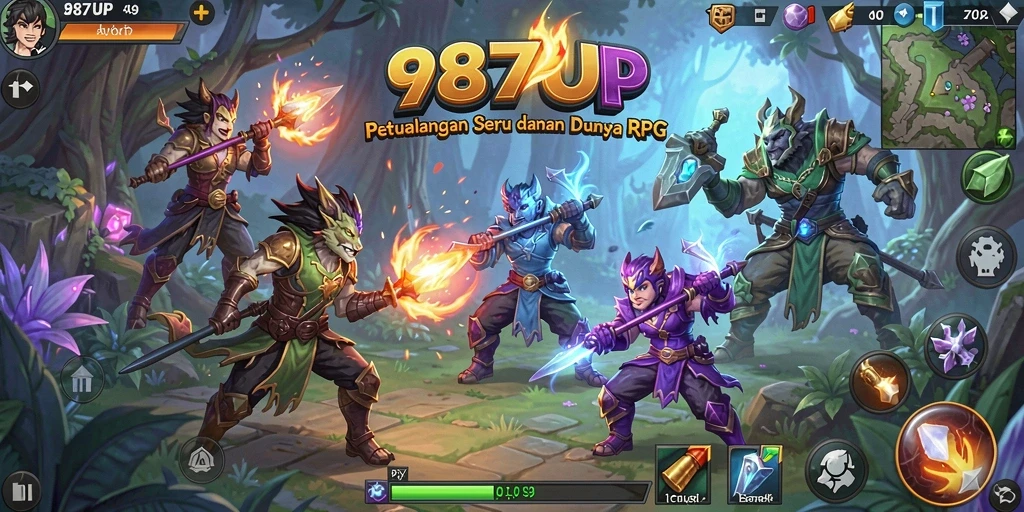 Screenshot gameplay RPG 987UP menampilkan pertarungan epik dan karakter yang menawan.