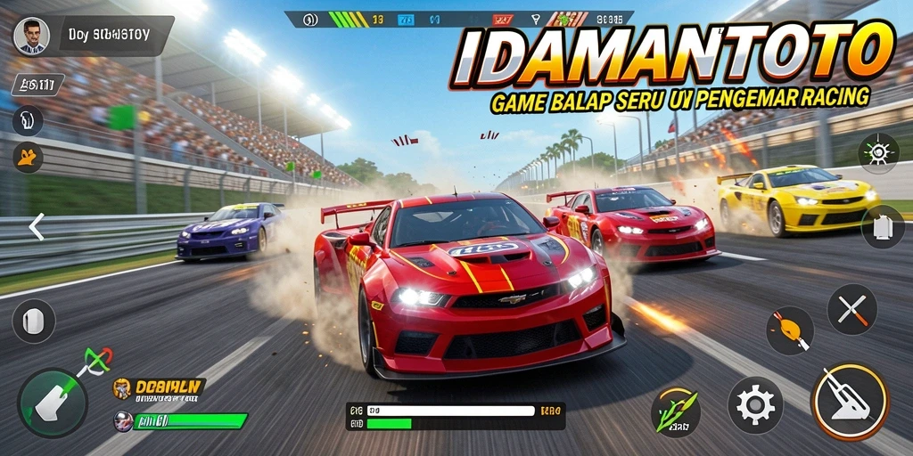 Screenshot gameplay IDAMANTOTO dengan aksi balap cepat di lintasan.