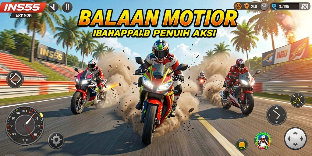 Tampilan gameplay INS55 menampilkan aksi balapan motor yang mendebarkan.