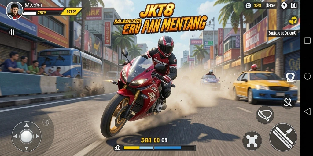 Gameplay seru balapan motor di JKT8 dengan trek menarik.