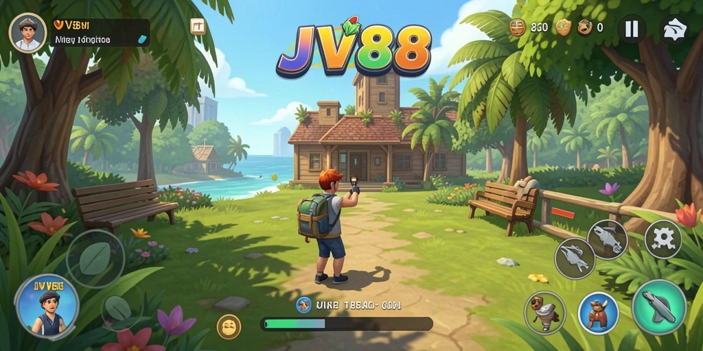 Tampilan gameplay JV88 yang ceria dan penuh warna.