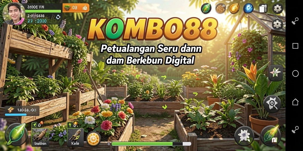 Tampilan utama gameplay KOMBO88 yang menampilkan kebun yang asri.