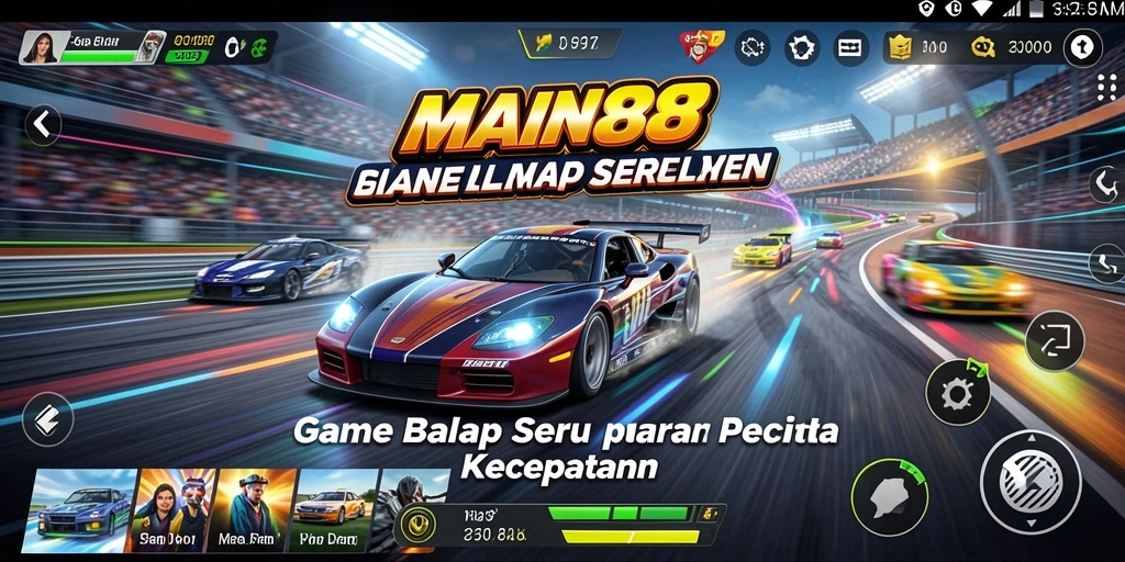 Screenshot utama MAIN88 menampilkan aksi balapan yang mendebarkan di lintasan.