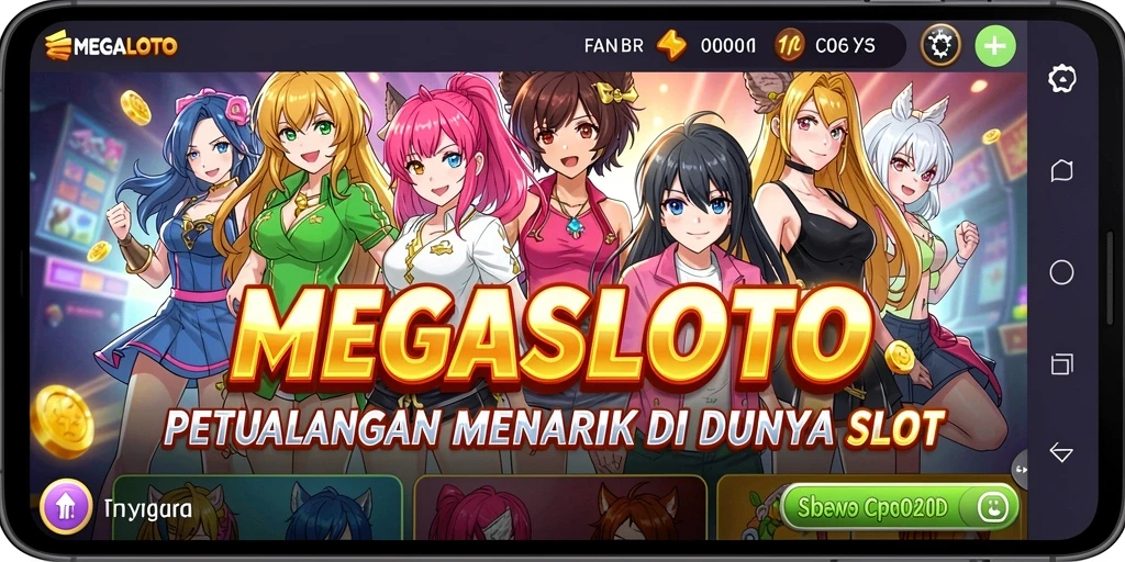 Screenshot utama MEGASLOTO menampilkan gameplay yang penuh warna dan karakter Anime menarik.