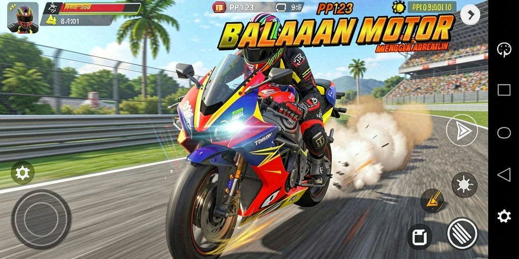 Tampilan gameplay PP123 dengan aksi balapan motor yang seru.