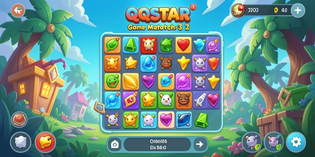 Tampilan gameplay seru dalam QQSTAR, menampilkan tantangan Match-3 yang mengasyikkan.