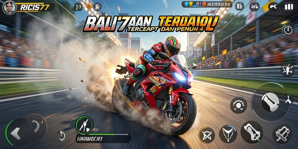Tampilan gameplay RICIS77 dengan balapan motor penuh aksi dan kecepatan.