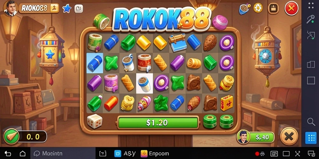 Screenshot ROKOK88 menampilkan aksi mencocokkan elemen warna-warni yang seru.