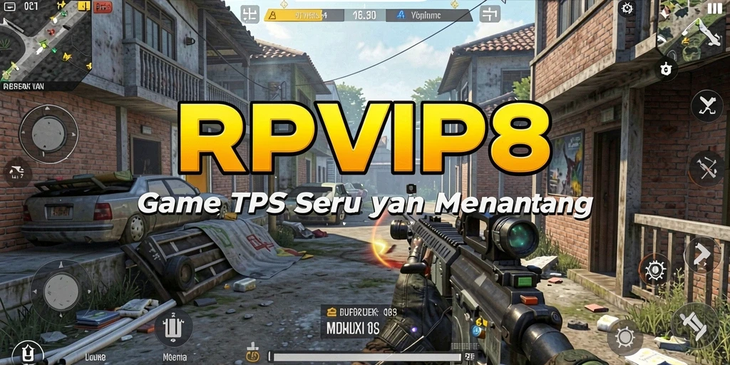 Screenshot utama RPVIP8 menampilkan aksi tembak-tembakan yang seru.