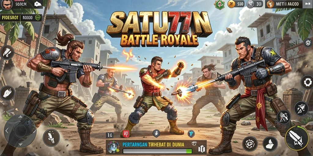 Screenshot SATU77 menunjukkan aksi mendebarkan di medan pertempuran Battle Royale.