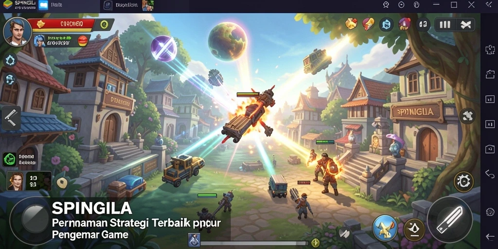 Screenshot utama SPINGILA menampilkan gameplay strategi yang penuh aksi.