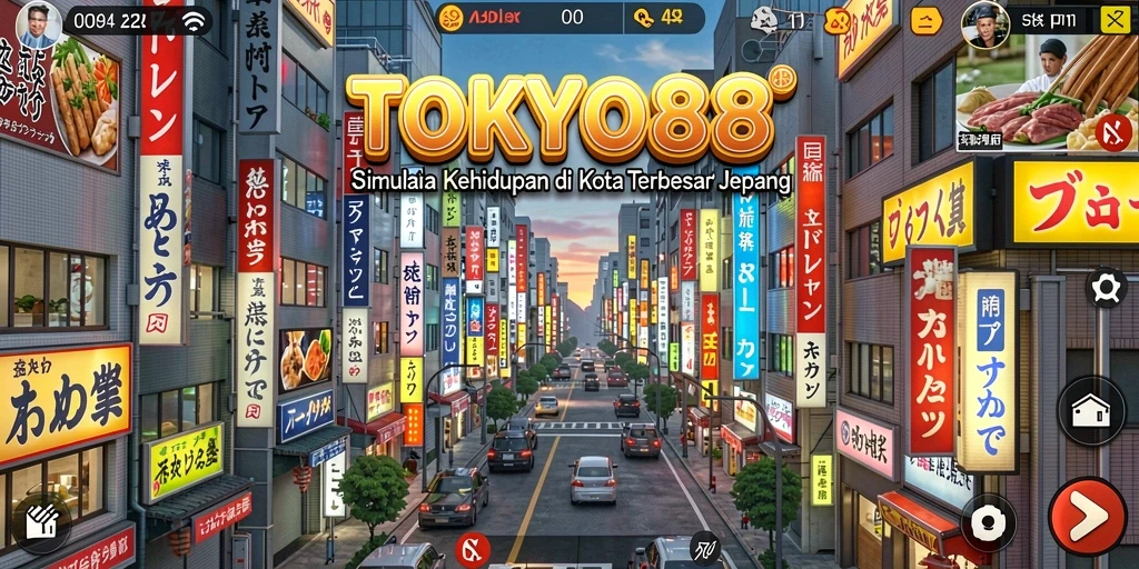 Screenshot utama TOKYO88 menampilkan gameplay kehidupan di Tokyo yang dinamis.